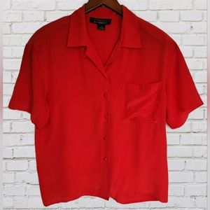 Laura & Jayne Red Silk Short Sleeve Button Down Blouse Size Medium